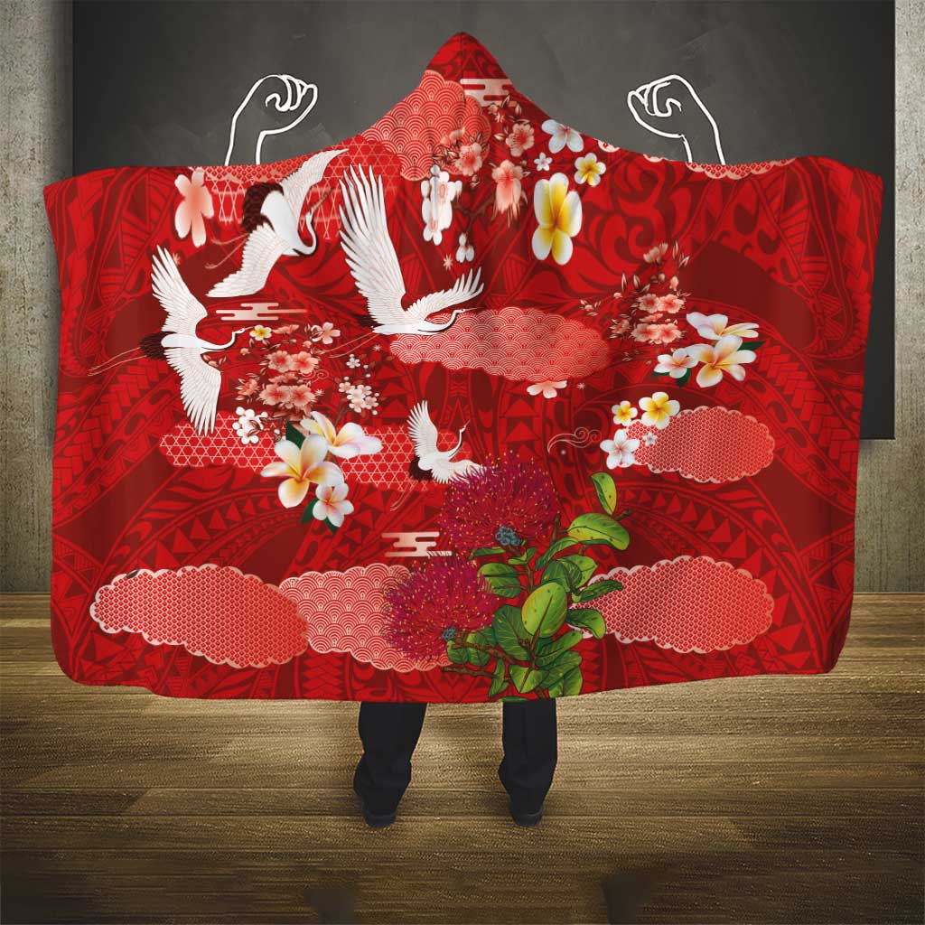 Hawaiian and Japanese Culture Together Hooded Blanket Red Ohia Lehua Plumeria and Sakura Blooming - Polynesian Pride