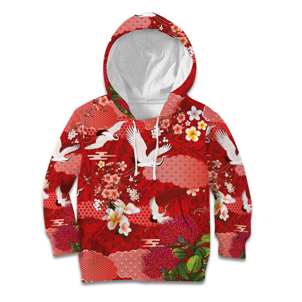 Hawaiian and Japanese Culture Together Kid Hoodie Red Ohia Lehua Plumeria and Sakura Blooming - Polynesian Pride