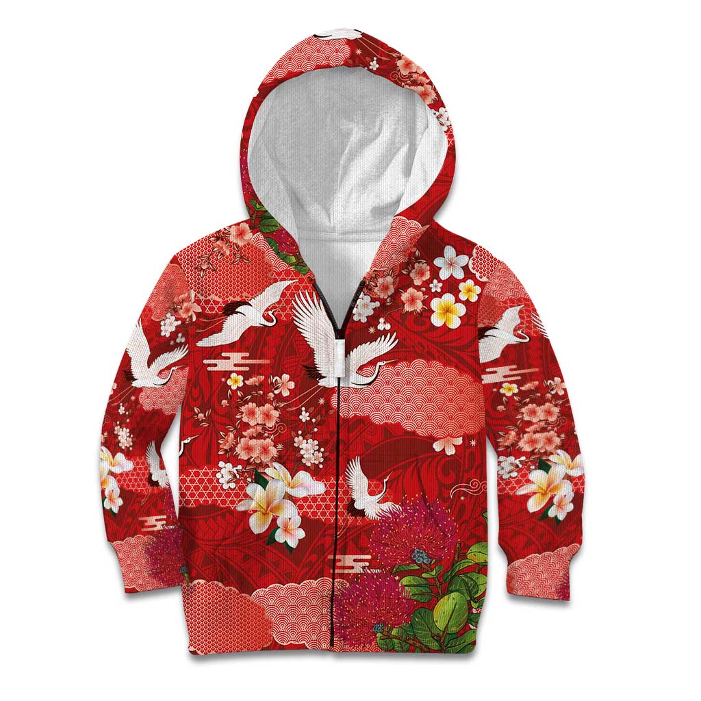 Hawaiian and Japanese Culture Together Kid Hoodie Red Ohia Lehua Plumeria and Sakura Blooming - Polynesian Pride