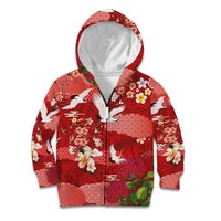 Hawaiian and Japanese Culture Together Kid Hoodie Red Ohia Lehua Plumeria and Sakura Blooming - Polynesian Pride