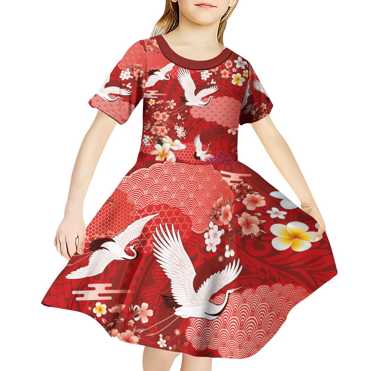 Hawaiian and Japanese Culture Together Kid Short Sleeve Dress Red Ohia Lehua Plumeria and Sakura Blooming - Polynesian Pride