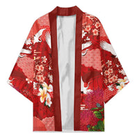 Hawaiian and Japanese Culture Together Kimono Red Ohia Lehua Plumeria and Sakura Blooming - Polynesian Pride