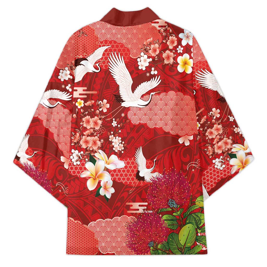 Hawaiian and Japanese Culture Together Kimono Red Ohia Lehua Plumeria and Sakura Blooming - Polynesian Pride