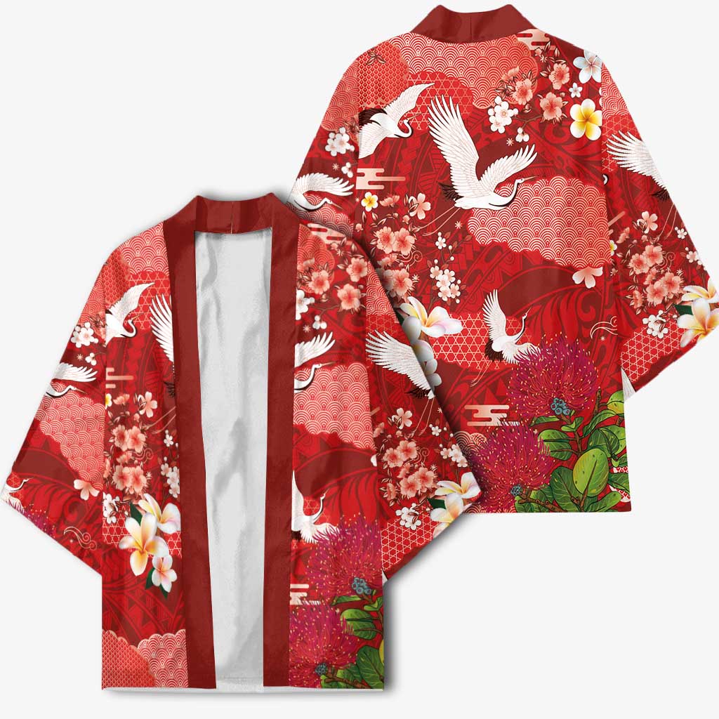 Hawaiian and Japanese Culture Together Kimono Red Ohia Lehua Plumeria and Sakura Blooming - Polynesian Pride