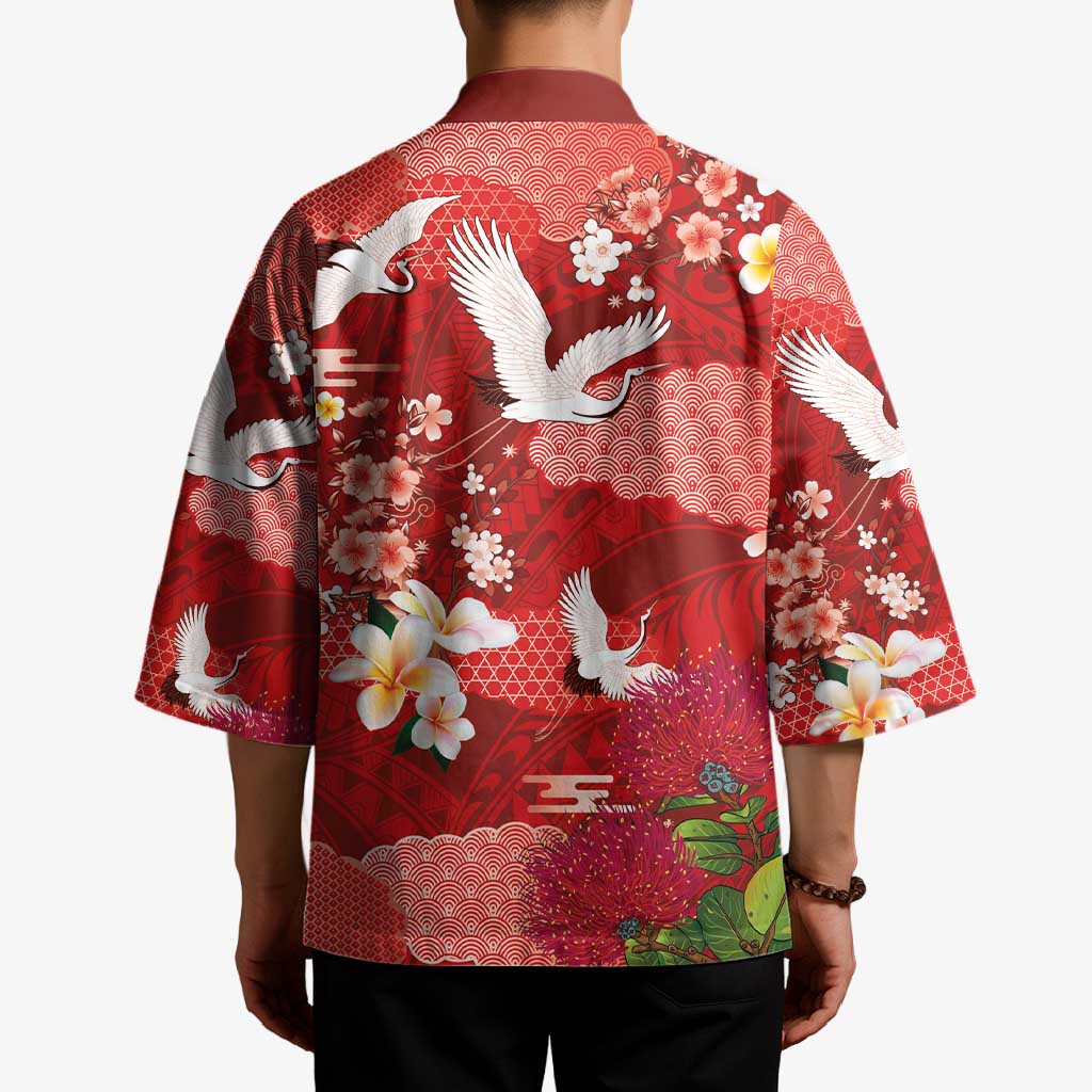 Hawaiian and Japanese Culture Together Kimono Red Ohia Lehua Plumeria and Sakura Blooming - Polynesian Pride