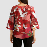 Hawaiian and Japanese Culture Together Kimono Sleeve Blouse Red Ohia Lehua Plumeria and Sakura Blooming - Polynesian Pride