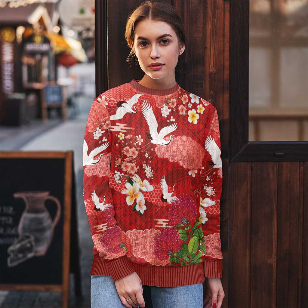 Hawaiian and Japanese Culture Together Ugly Christmas Sweater Red Ohia Lehua Plumeria and Sakura Blooming LT03 - Polynesian Pride