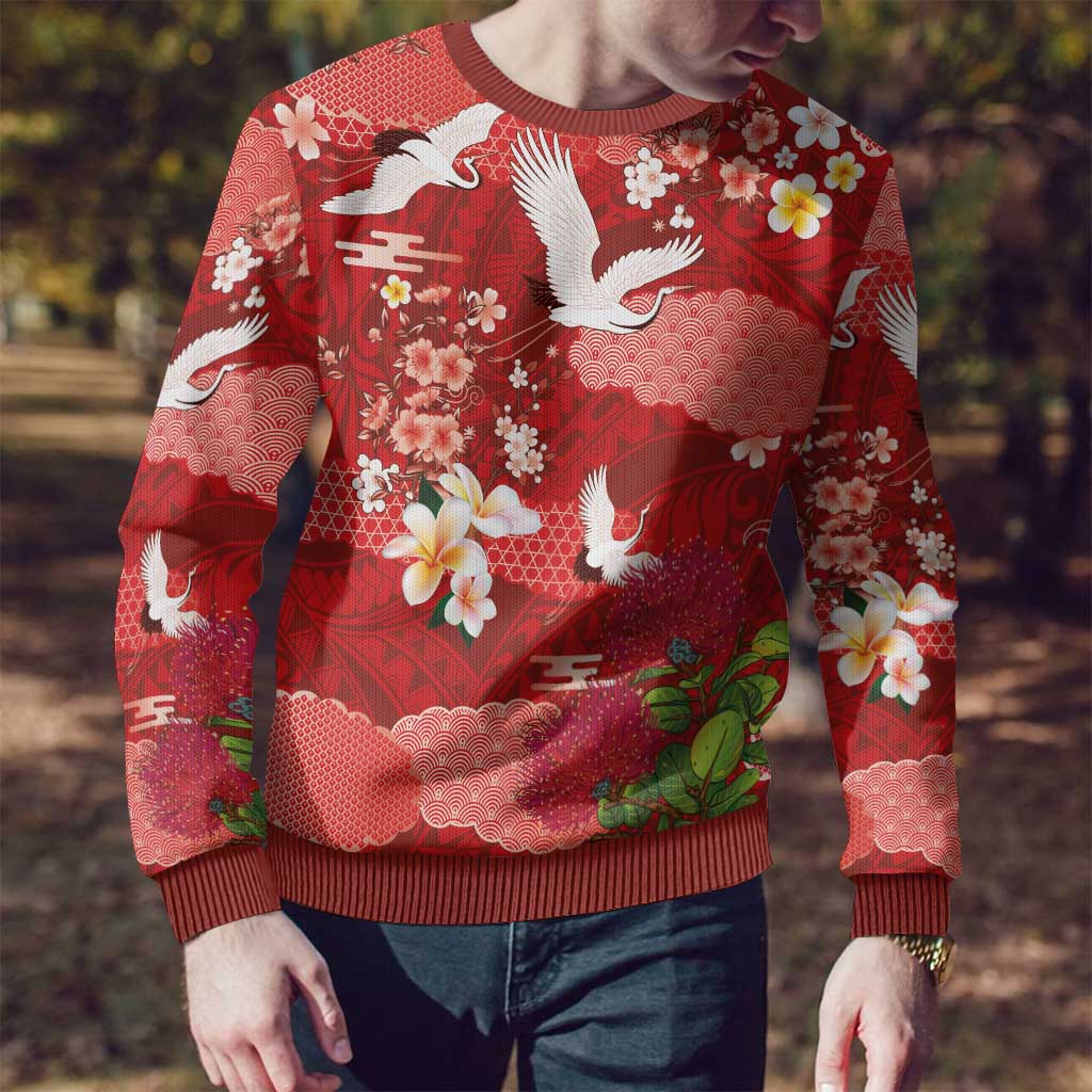 Hawaiian and Japanese Culture Together Ugly Christmas Sweater Red Ohia Lehua Plumeria and Sakura Blooming LT03 - Polynesian Pride