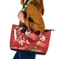 Hawaiian and Japanese Culture Together Leather Tote Bag Red Ohia Lehua Plumeria and Sakura Blooming - Polynesian Pride