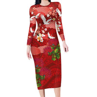 Hawaiian and Japanese Culture Together Long Sleeve Bodycon Dress Red Ohia Lehua Plumeria and Sakura Blooming - Polynesian Pride