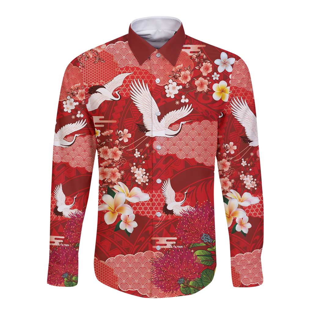 Hawaiian and Japanese Culture Together Long Sleeve Button Shirt Red Ohia Lehua Plumeria and Sakura Blooming - Polynesian Pride
