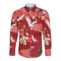Hawaiian and Japanese Culture Together Long Sleeve Button Shirt Red Ohia Lehua Plumeria and Sakura Blooming - Polynesian Pride