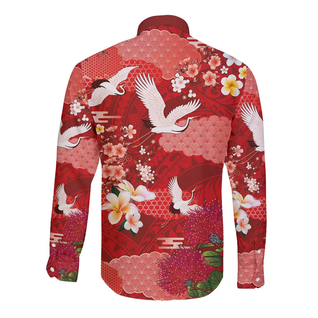 Hawaiian and Japanese Culture Together Long Sleeve Button Shirt Red Ohia Lehua Plumeria and Sakura Blooming - Polynesian Pride