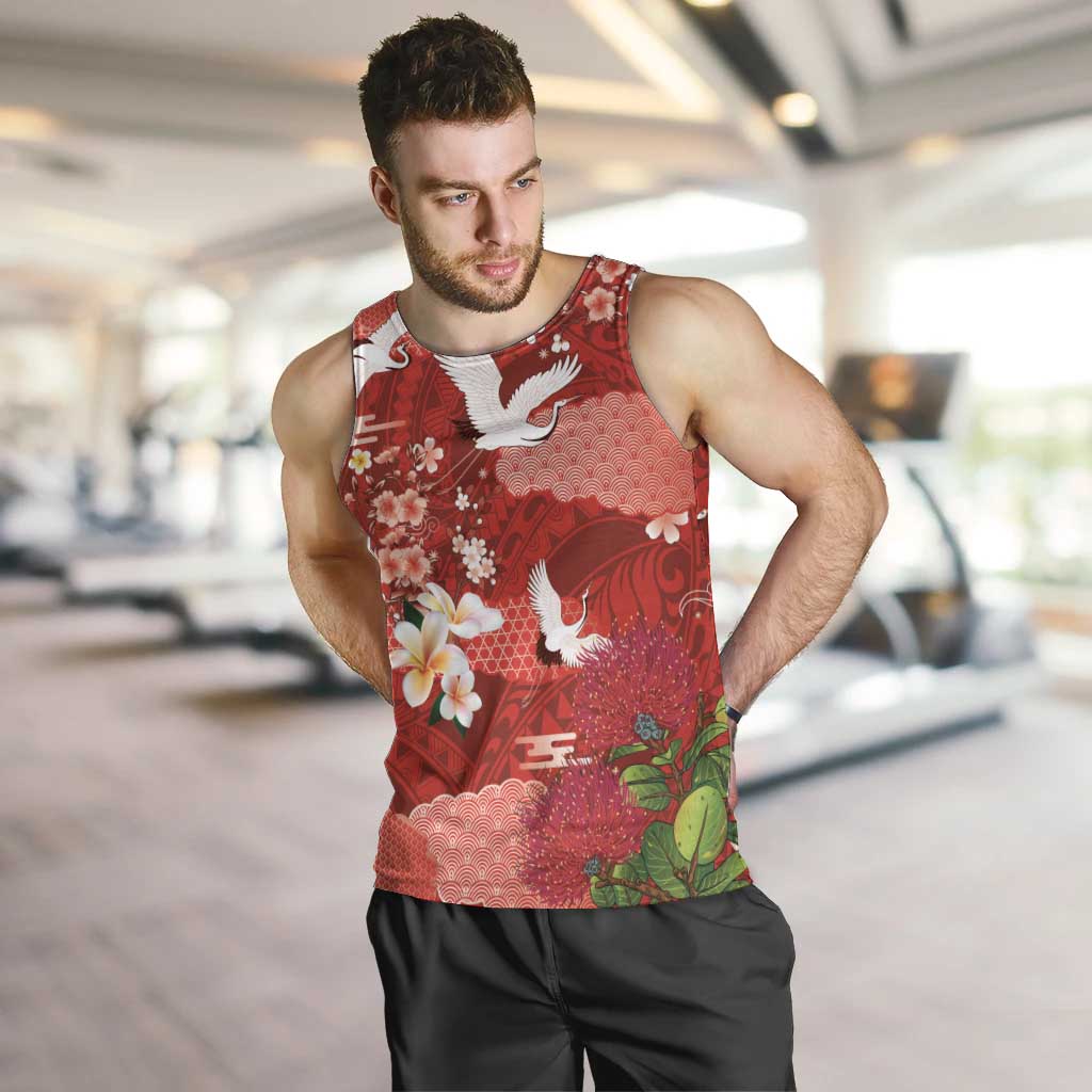 Hawaiian and Japanese Culture Together Men Tank Top Red Ohia Lehua Plumeria and Sakura Blooming - Polynesian Pride