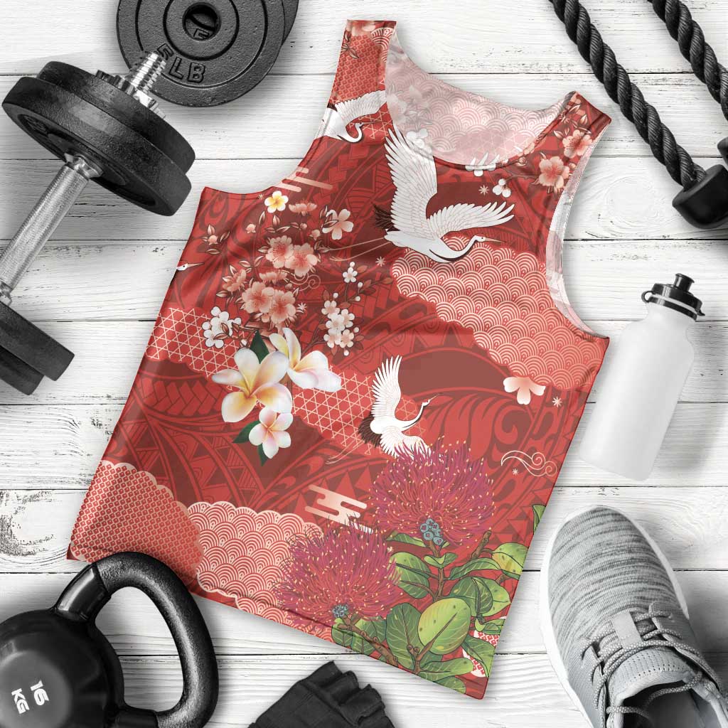 Hawaiian and Japanese Culture Together Men Tank Top Red Ohia Lehua Plumeria and Sakura Blooming - Polynesian Pride