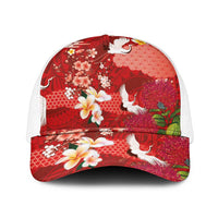 Hawaiian and Japanese Culture Together Mesh Trucker Cap Red Ohia Lehua Plumeria and Sakura Blooming - Polynesian Pride
