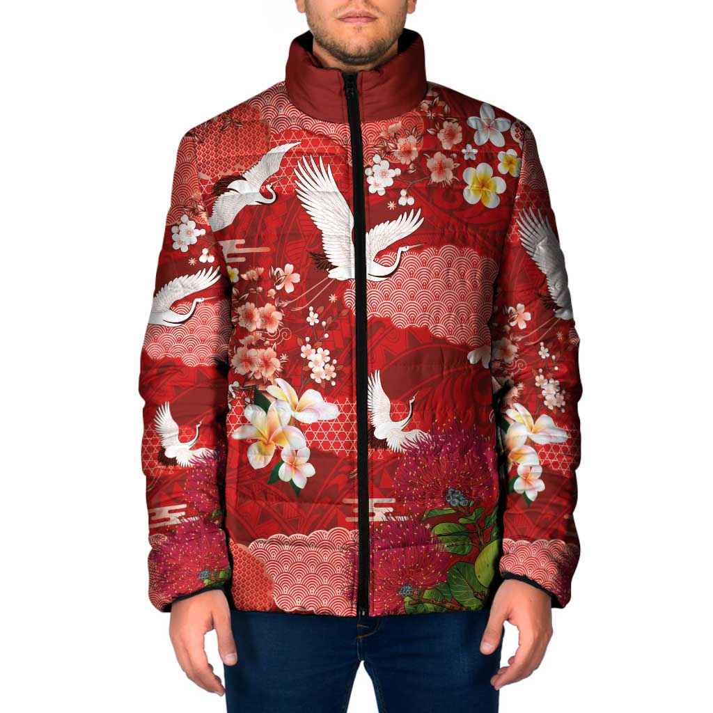 Hawaiian and Japanese Culture Together Padded Jacket Red Ohia Lehua Plumeria and Sakura Blooming - Polynesian Pride