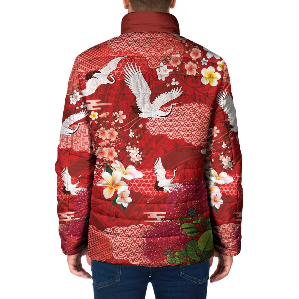 Hawaiian and Japanese Culture Together Padded Jacket Red Ohia Lehua Plumeria and Sakura Blooming - Polynesian Pride