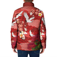Hawaiian and Japanese Culture Together Padded Jacket Red Ohia Lehua Plumeria and Sakura Blooming - Polynesian Pride