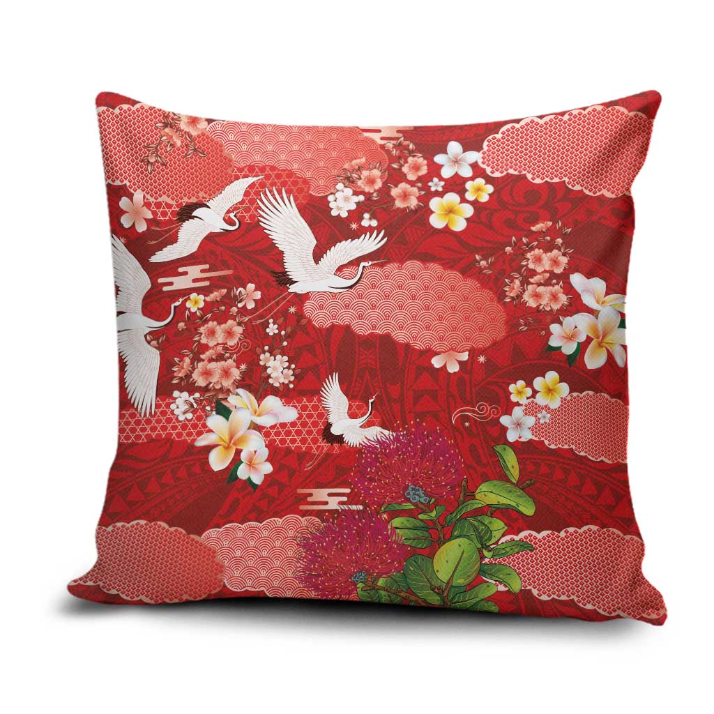 Hawaiian and Japanese Culture Together Pillow Cover Red Ohia Lehua Plumeria and Sakura Blooming - Polynesian Pride
