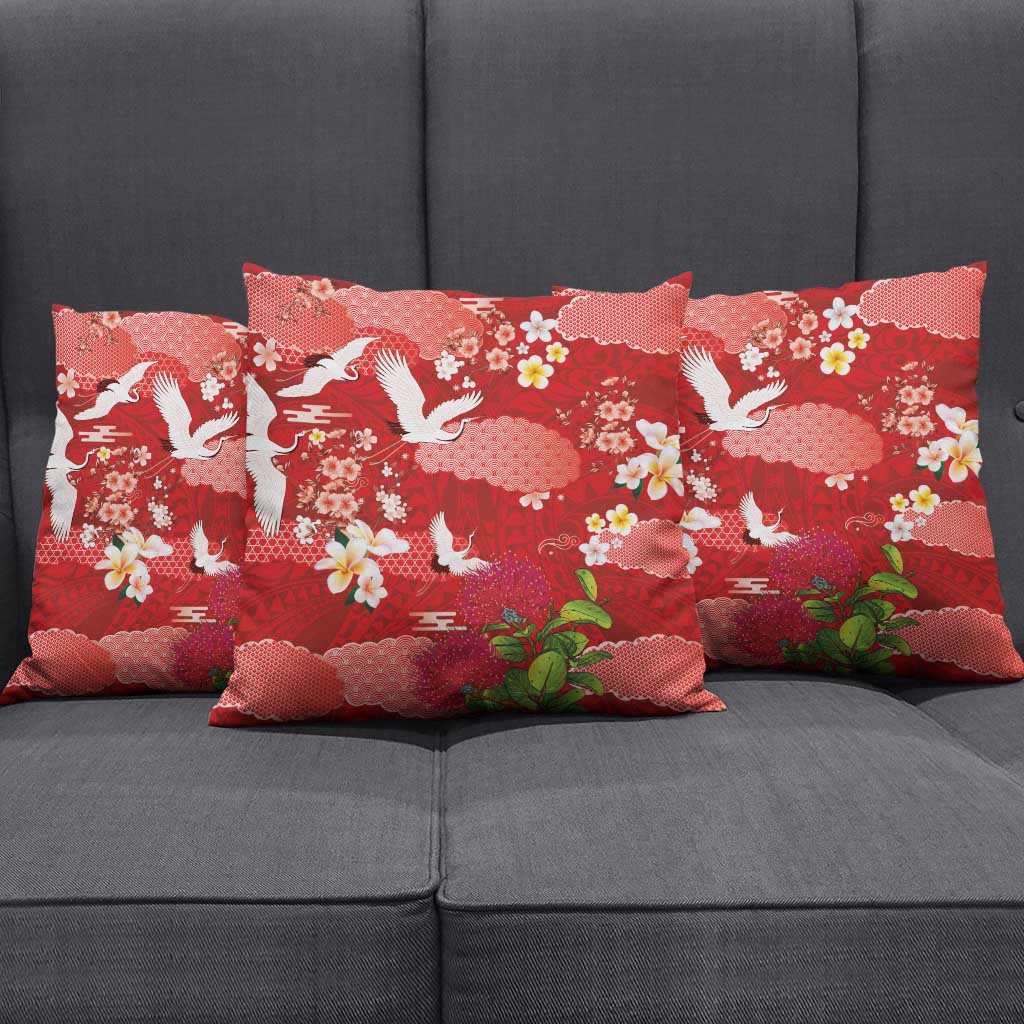 Hawaiian and Japanese Culture Together Pillow Cover Red Ohia Lehua Plumeria and Sakura Blooming - Polynesian Pride