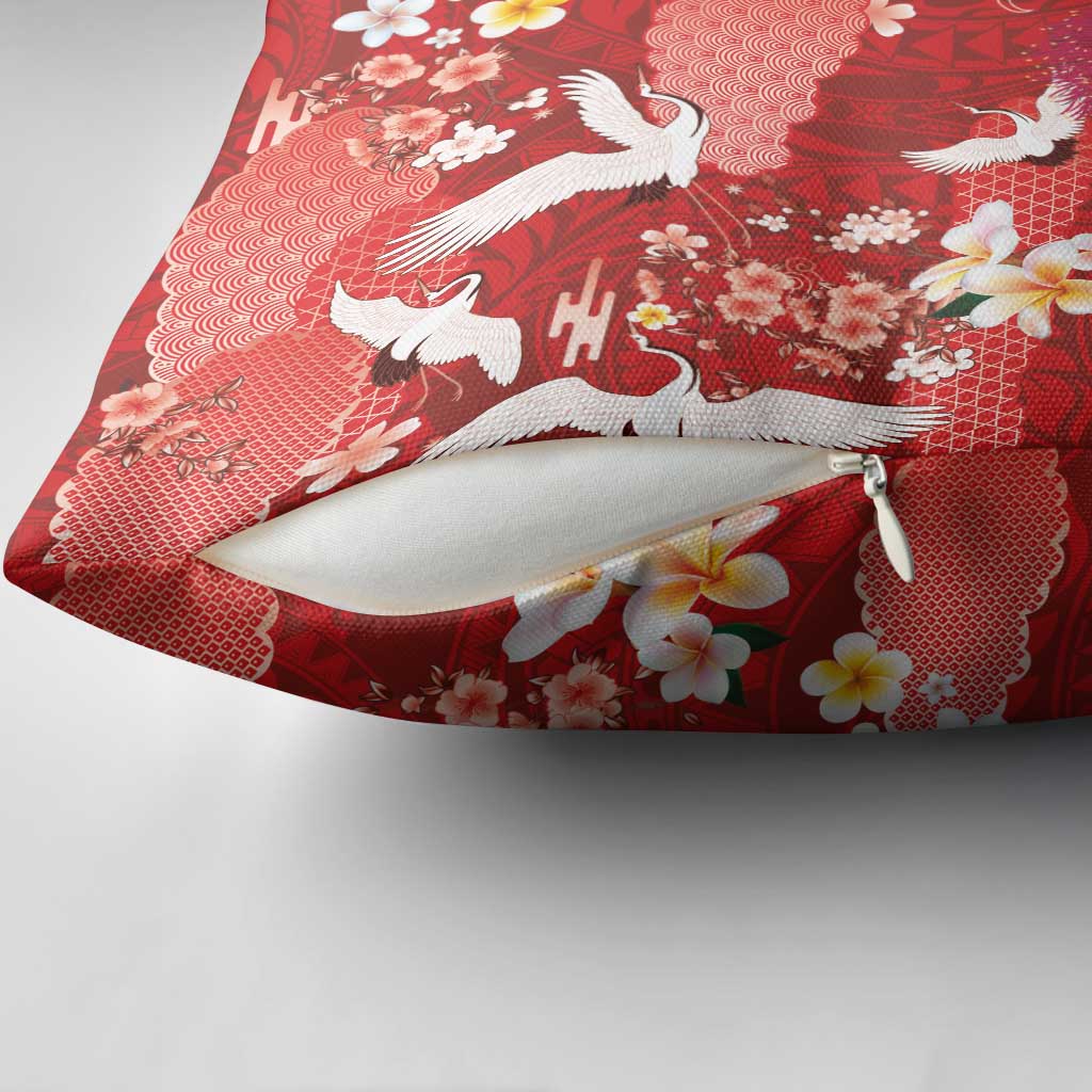 Hawaiian and Japanese Culture Together Pillow Cover Red Ohia Lehua Plumeria and Sakura Blooming - Polynesian Pride