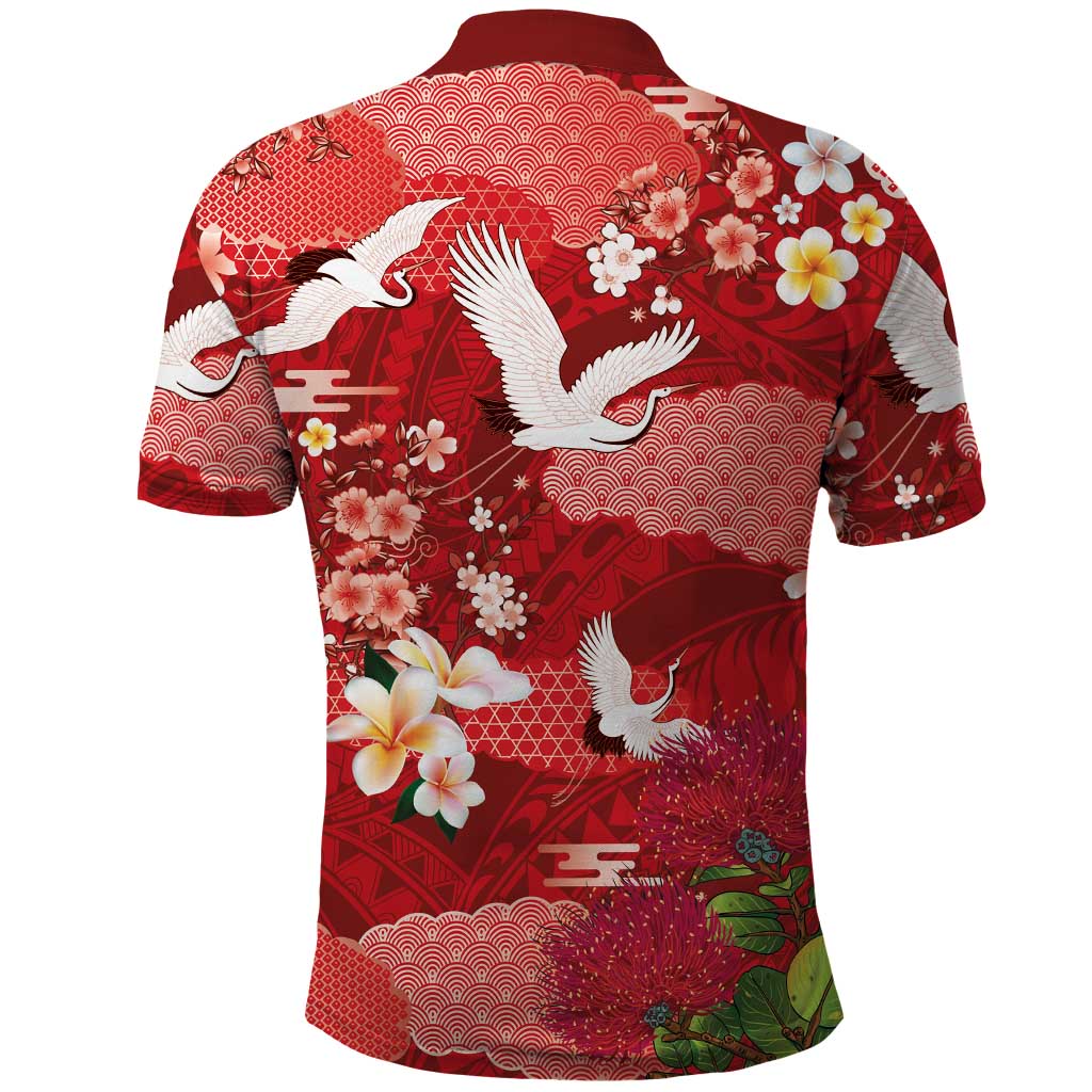 Hawaiian and Japanese Culture Together Polo Shirt Red Ohia Lehua Plumeria and Sakura Blooming - Polynesian Pride