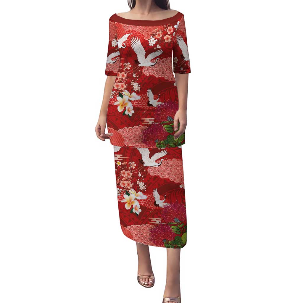 Hawaiian and Japanese Culture Together Puletasi Red Ohia Lehua Plumeria and Sakura Blooming - Polynesian Pride