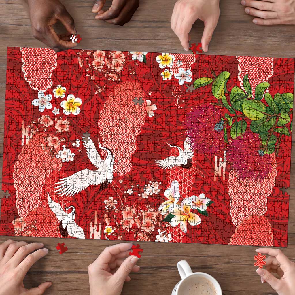 Hawaiian and Japanese Culture Together Puzzle Red Ohia Lehua Plumeria and Sakura Blooming - Polynesian Pride