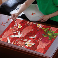 Hawaiian and Japanese Culture Together Puzzle Red Ohia Lehua Plumeria and Sakura Blooming - Polynesian Pride