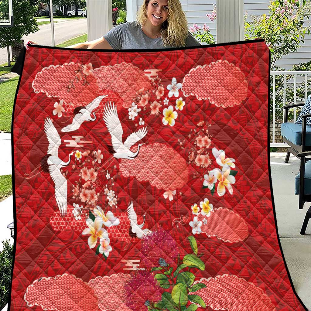 Hawaiian and Japanese Culture Together Quilt Red Ohia Lehua Plumeria and Sakura Blooming - Polynesian Pride