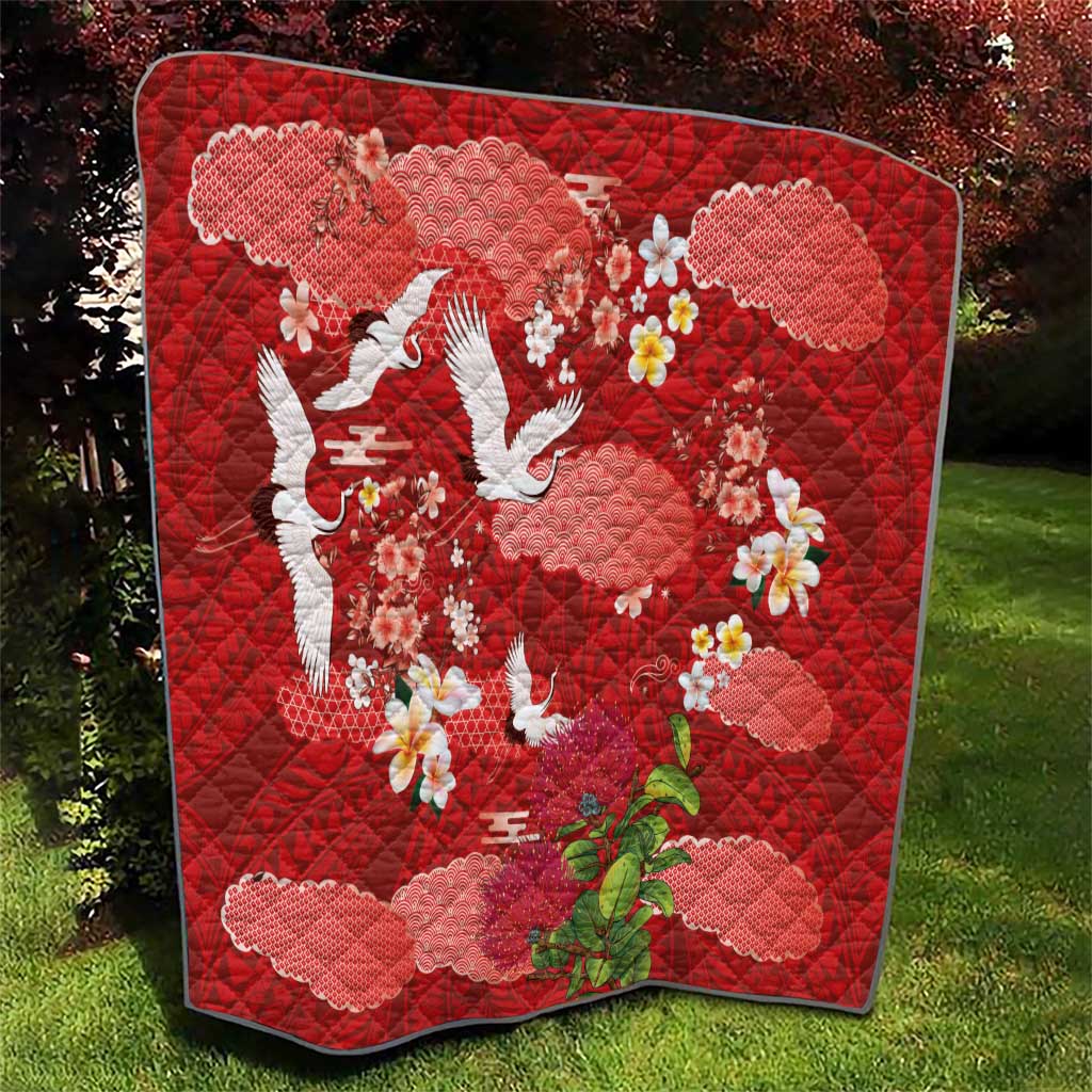 Hawaiian and Japanese Culture Together Quilt Red Ohia Lehua Plumeria and Sakura Blooming - Polynesian Pride