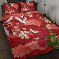 Hawaiian and Japanese Culture Together Quilt Bed Set Red Ohia Lehua Plumeria and Sakura Blooming - Polynesian Pride