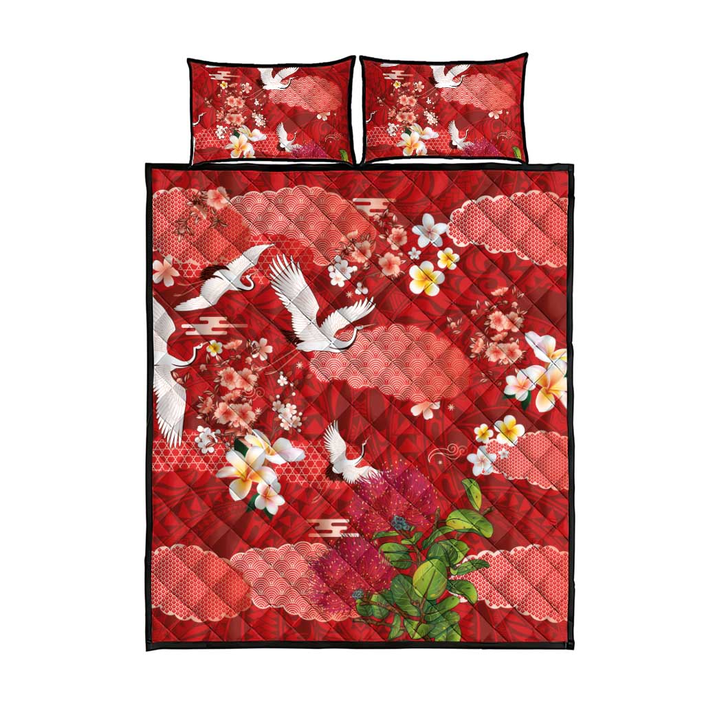 Hawaiian and Japanese Culture Together Quilt Bed Set Red Ohia Lehua Plumeria and Sakura Blooming - Polynesian Pride