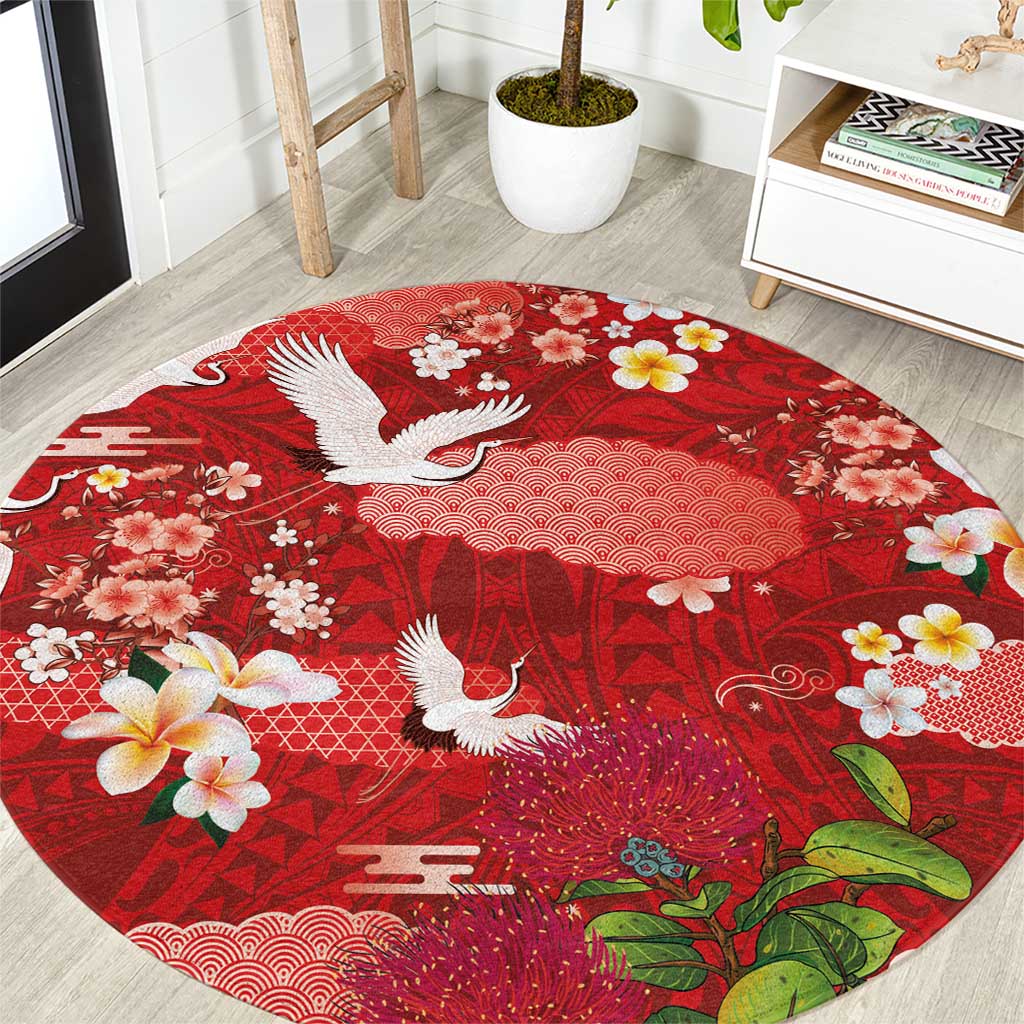 Hawaiian and Japanese Culture Together Round Carpet Red Ohia Lehua Plumeria and Sakura Blooming LT03 Red - Polynesian Pride