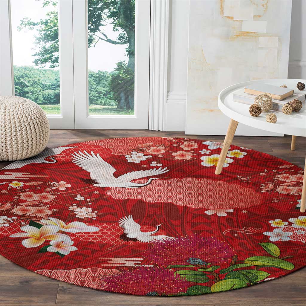 Hawaiian and Japanese Culture Together Round Carpet Red Ohia Lehua Plumeria and Sakura Blooming LT03 - Polynesian Pride