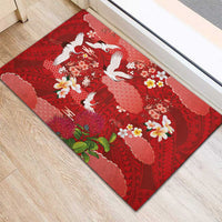 Hawaiian and Japanese Culture Together Rubber Doormat Red Ohia Lehua Plumeria and Sakura Blooming - Polynesian Pride