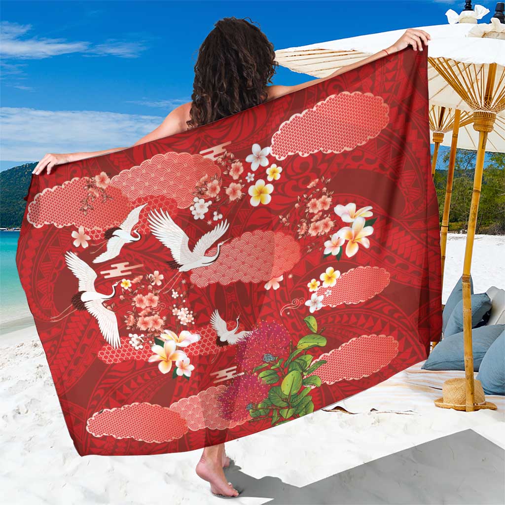 Hawaiian and Japanese Culture Together Sarong Red Ohia Lehua Plumeria and Sakura Blooming - Polynesian Pride