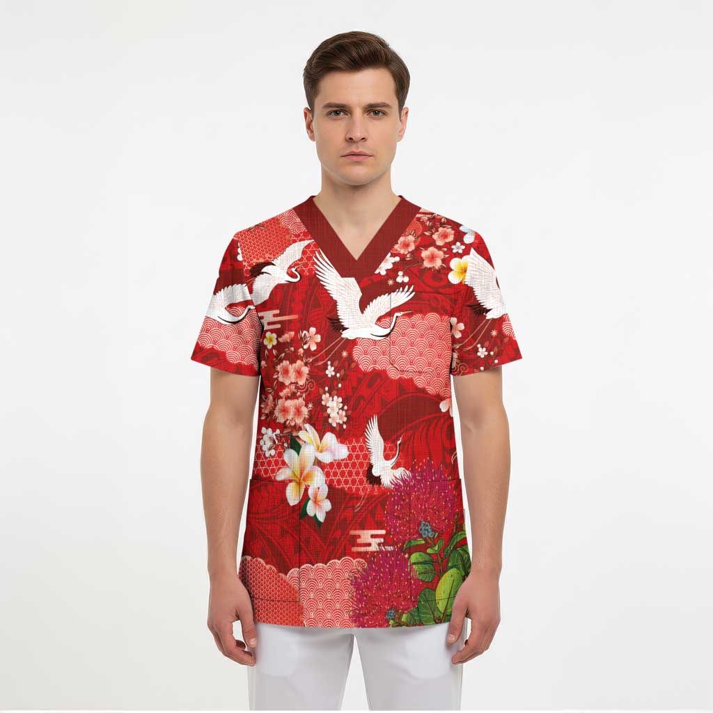 Hawaiian and Japanese Culture Together Scrub Top Red Ohia Lehua Plumeria and Sakura Blooming - Polynesian Pride
