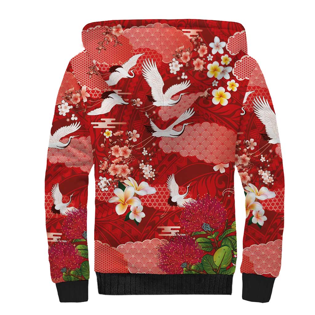 Hawaiian and Japanese Culture Together Sherpa Hoodie Red Ohia Lehua Plumeria and Sakura Blooming - Polynesian Pride