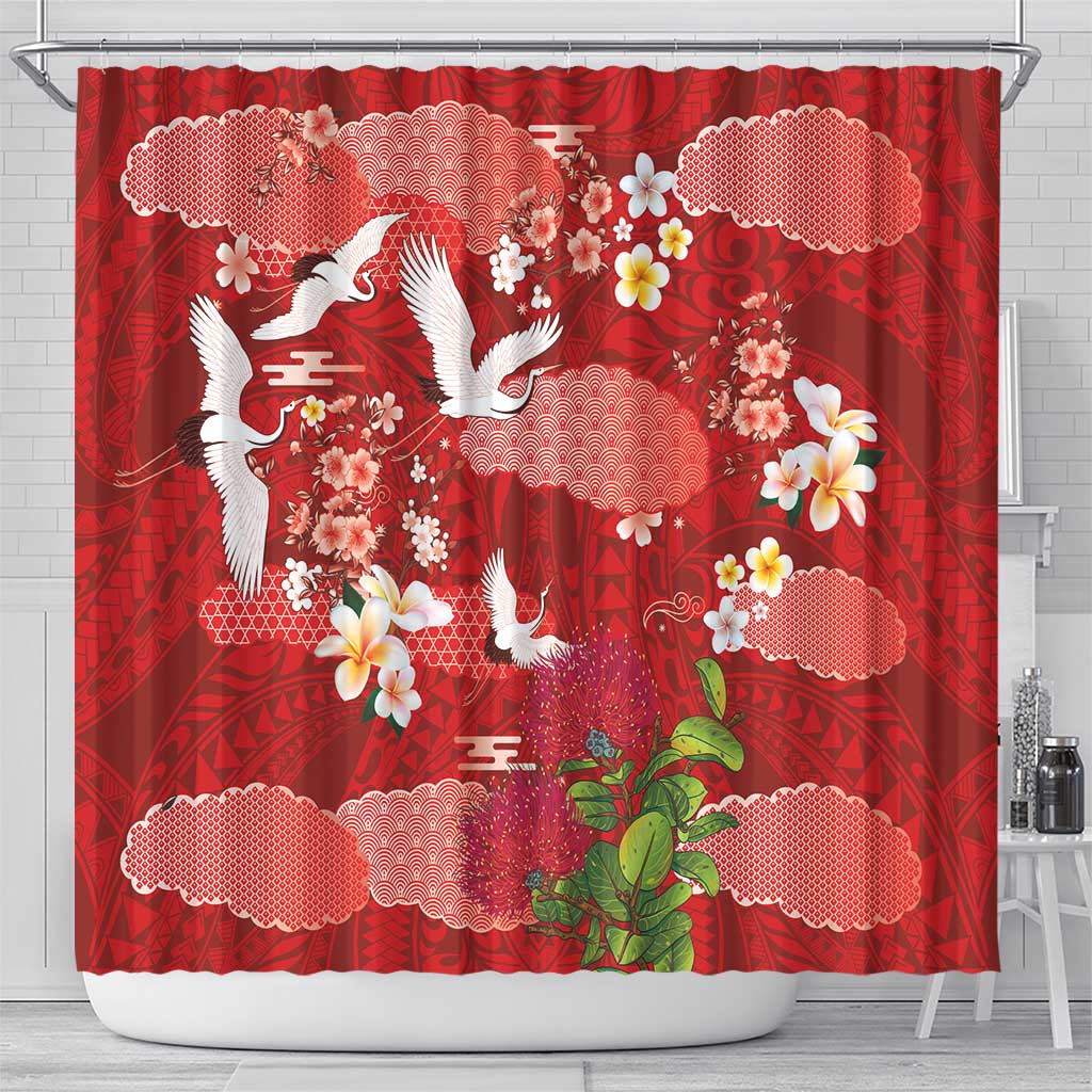 Hawaiian and Japanese Culture Together Shower Curtain Red Ohia Lehua Plumeria and Sakura Blooming - Polynesian Pride