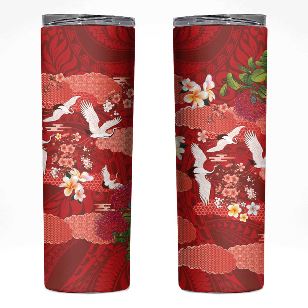 Hawaiian and Japanese Culture Together Skinny Tumbler Red Ohia Lehua Plumeria and Sakura Blooming LT03 Red - Polynesian Pride