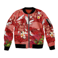 Hawaiian and Japanese Culture Together Sleeve Zip Bomber Jacket Red Ohia Lehua Plumeria and Sakura Blooming - Polynesian Pride