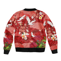Hawaiian and Japanese Culture Together Sleeve Zip Bomber Jacket Red Ohia Lehua Plumeria and Sakura Blooming - Polynesian Pride