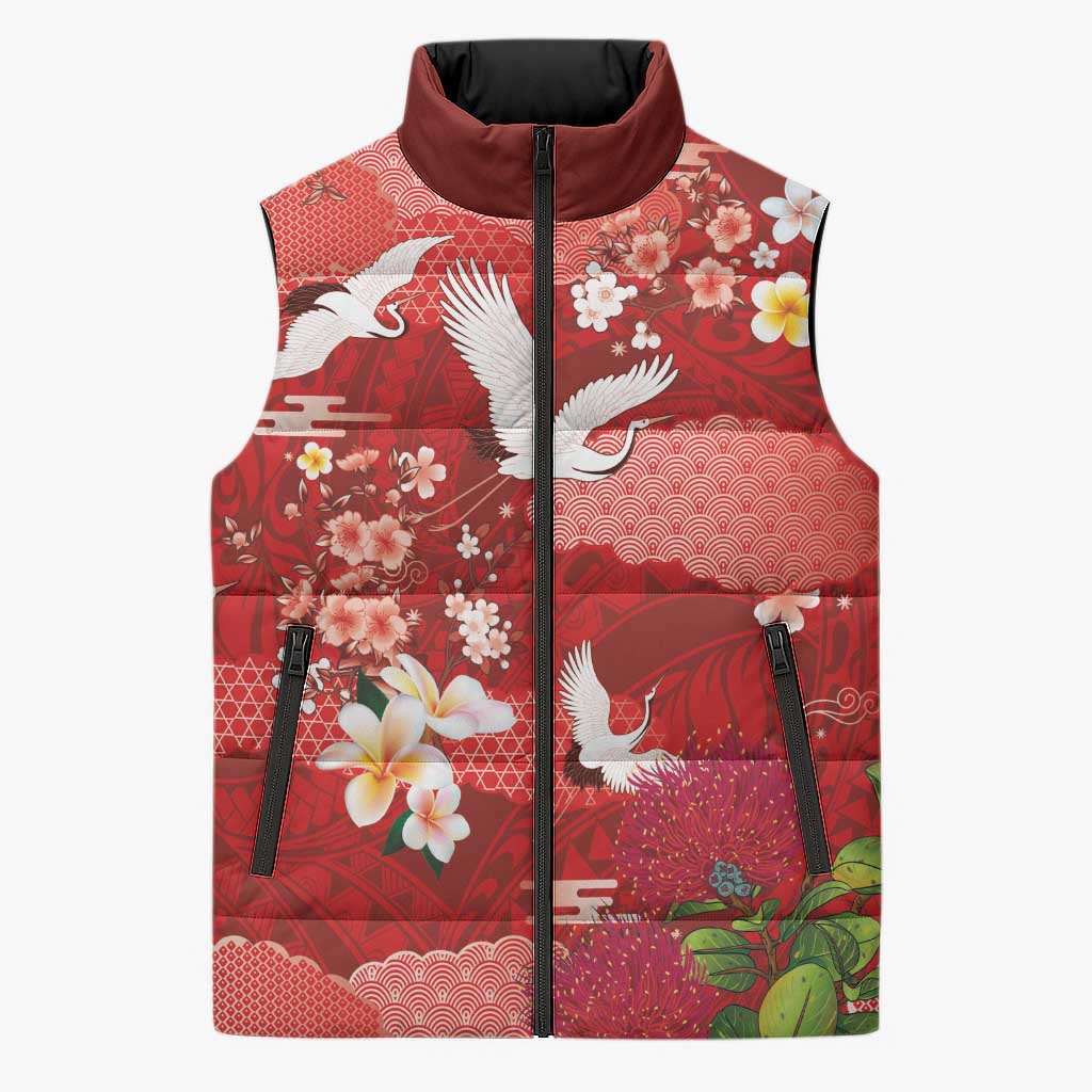 Hawaiian and Japanese Culture Together Sleeveless Puffer Jacket Red Ohia Lehua Plumeria and Sakura Blooming - Polynesian Pride