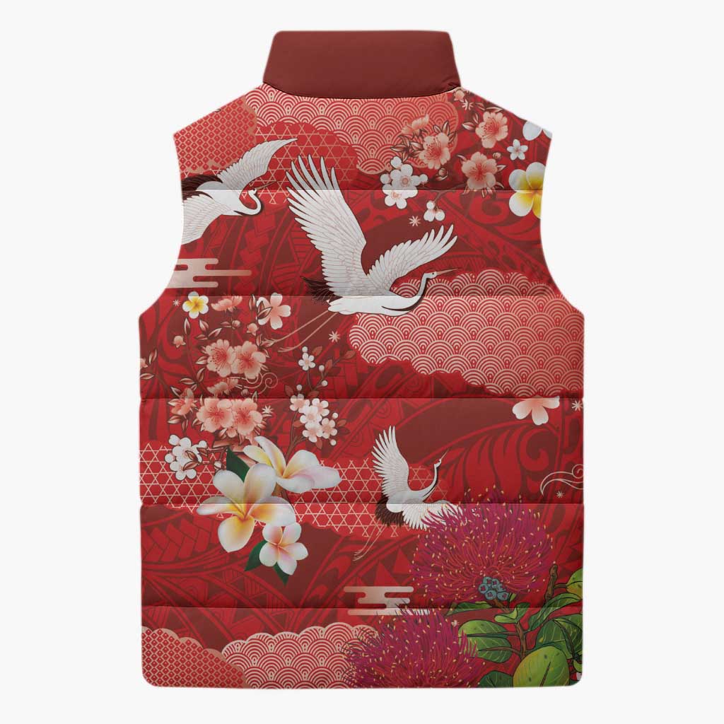 Hawaiian and Japanese Culture Together Sleeveless Puffer Jacket Red Ohia Lehua Plumeria and Sakura Blooming - Polynesian Pride