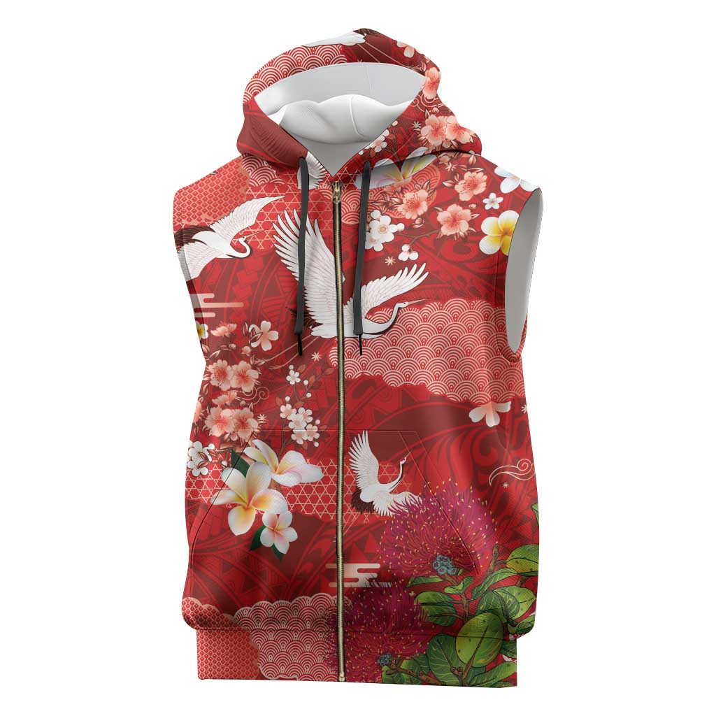 Hawaiian and Japanese Culture Together Sleeveless Zip Hoodie Red Ohia Lehua Plumeria and Sakura Blooming - Polynesian Pride