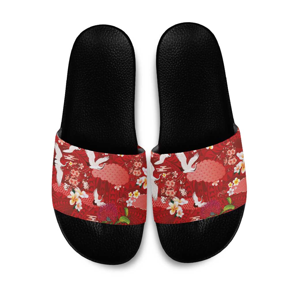 Hawaiian and Japanese Culture Together Slide Sandals Red Ohia Lehua Plumeria and Sakura Blooming - Polynesian Pride