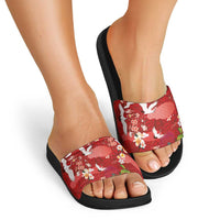 Hawaiian and Japanese Culture Together Slide Sandals Red Ohia Lehua Plumeria and Sakura Blooming - Polynesian Pride