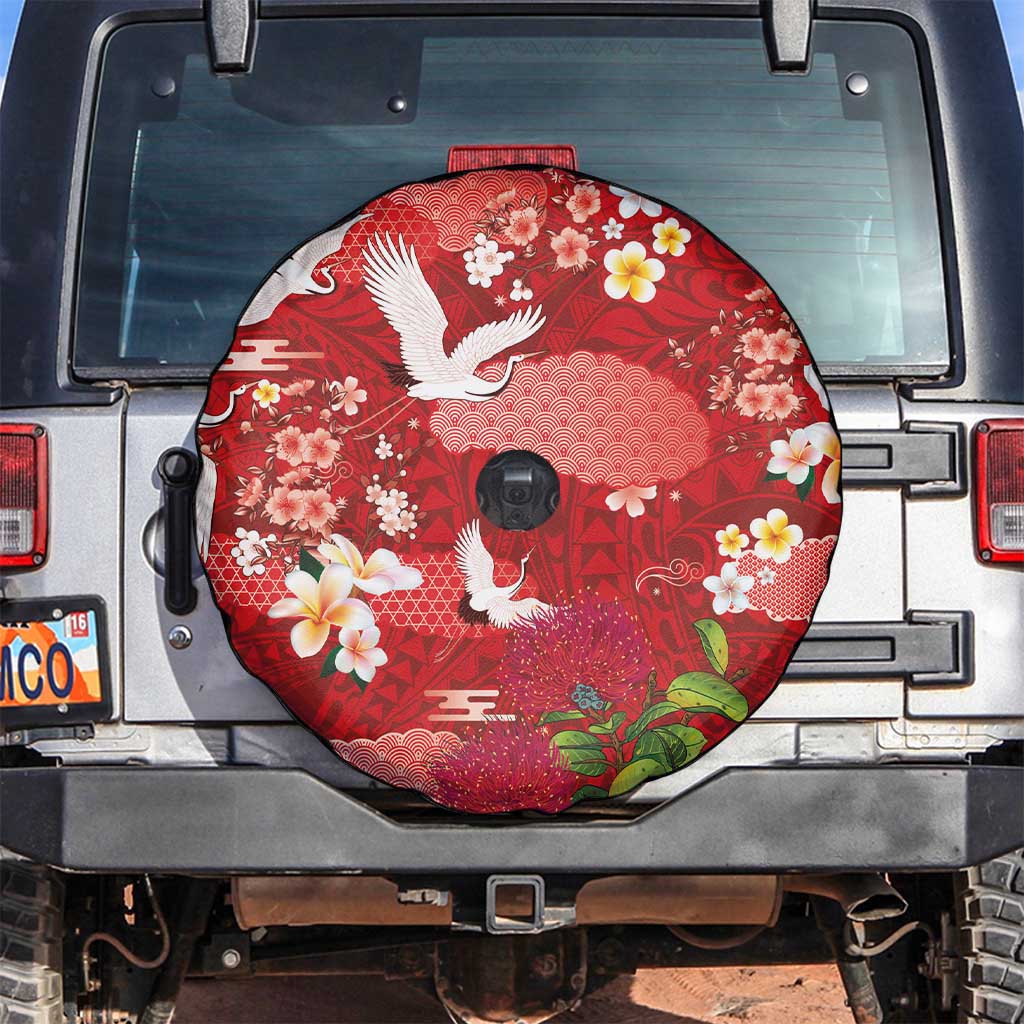 Hawaiian and Japanese Culture Together Spare Tire Cover Red Ohia Lehua Plumeria and Sakura Blooming - Polynesian Pride